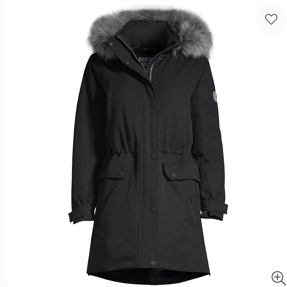 Lands' End Women's Black Down Parka with Faux Fur Hood